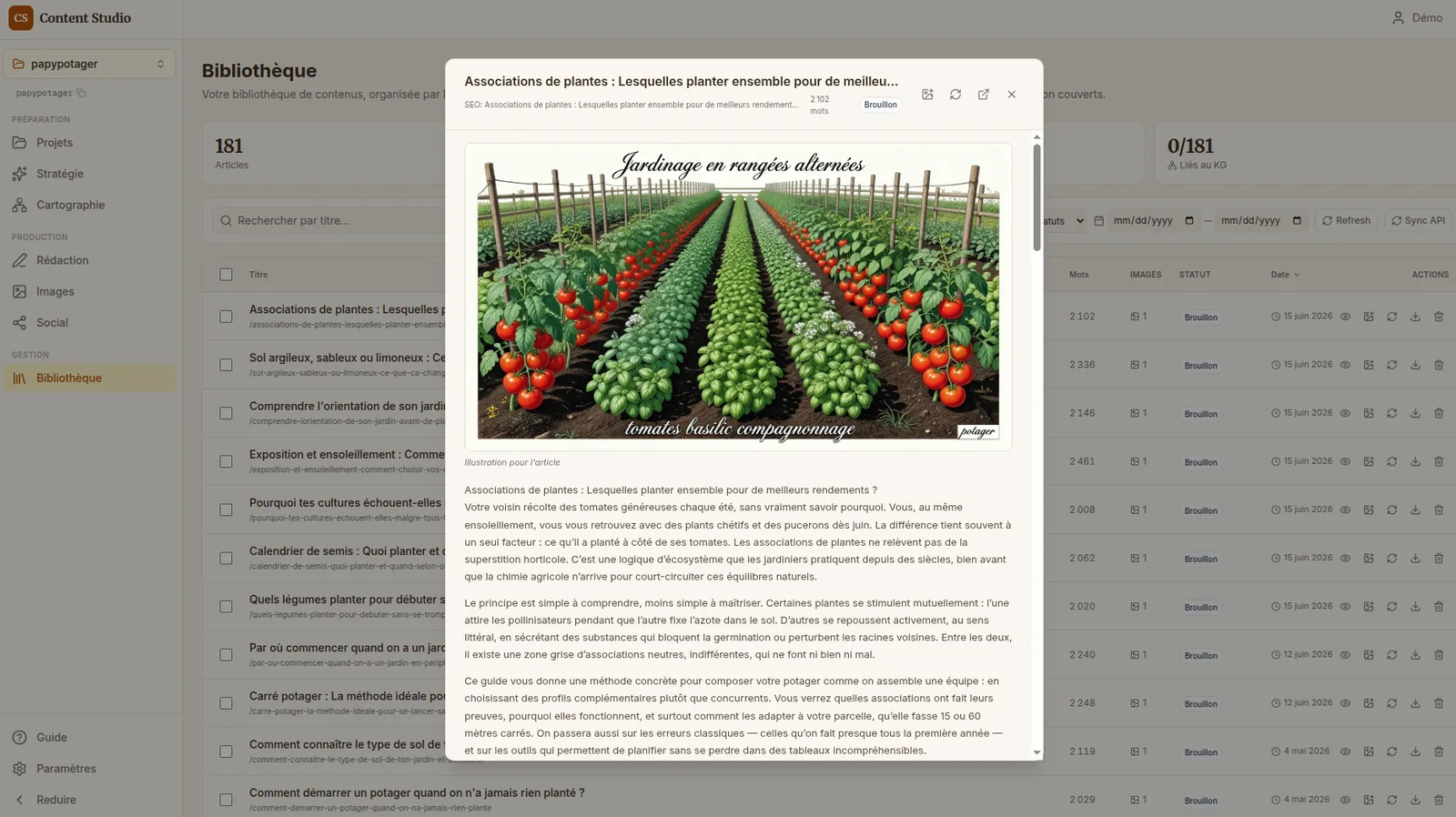 Vue Bibliothèque de Content Studio : liste de 151 articles générés avec aperçu d'un article illustré