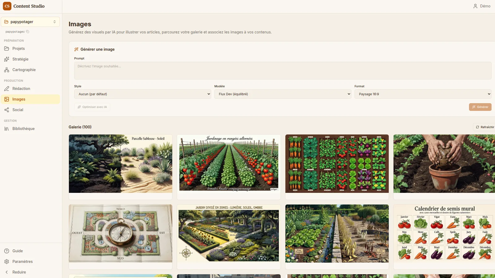 Vue Images de Content Studio : galerie de 100 visuels générés par IA pour illustrer les articles