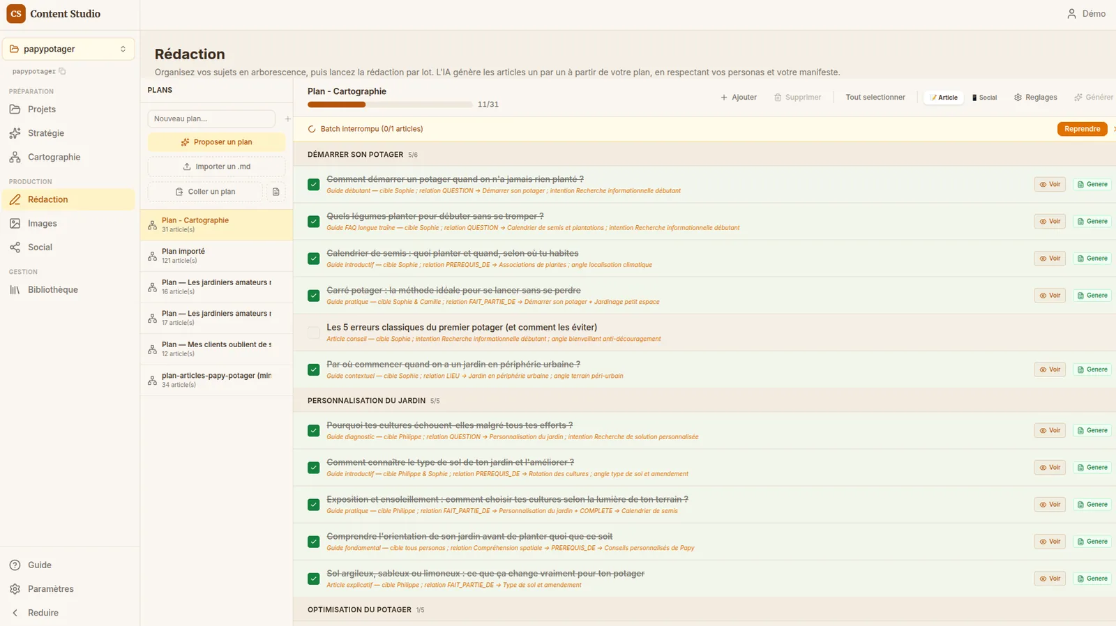 Vue Rédaction de Content Studio : plan éditorial en arborescence avec les sujets d'articles à générer