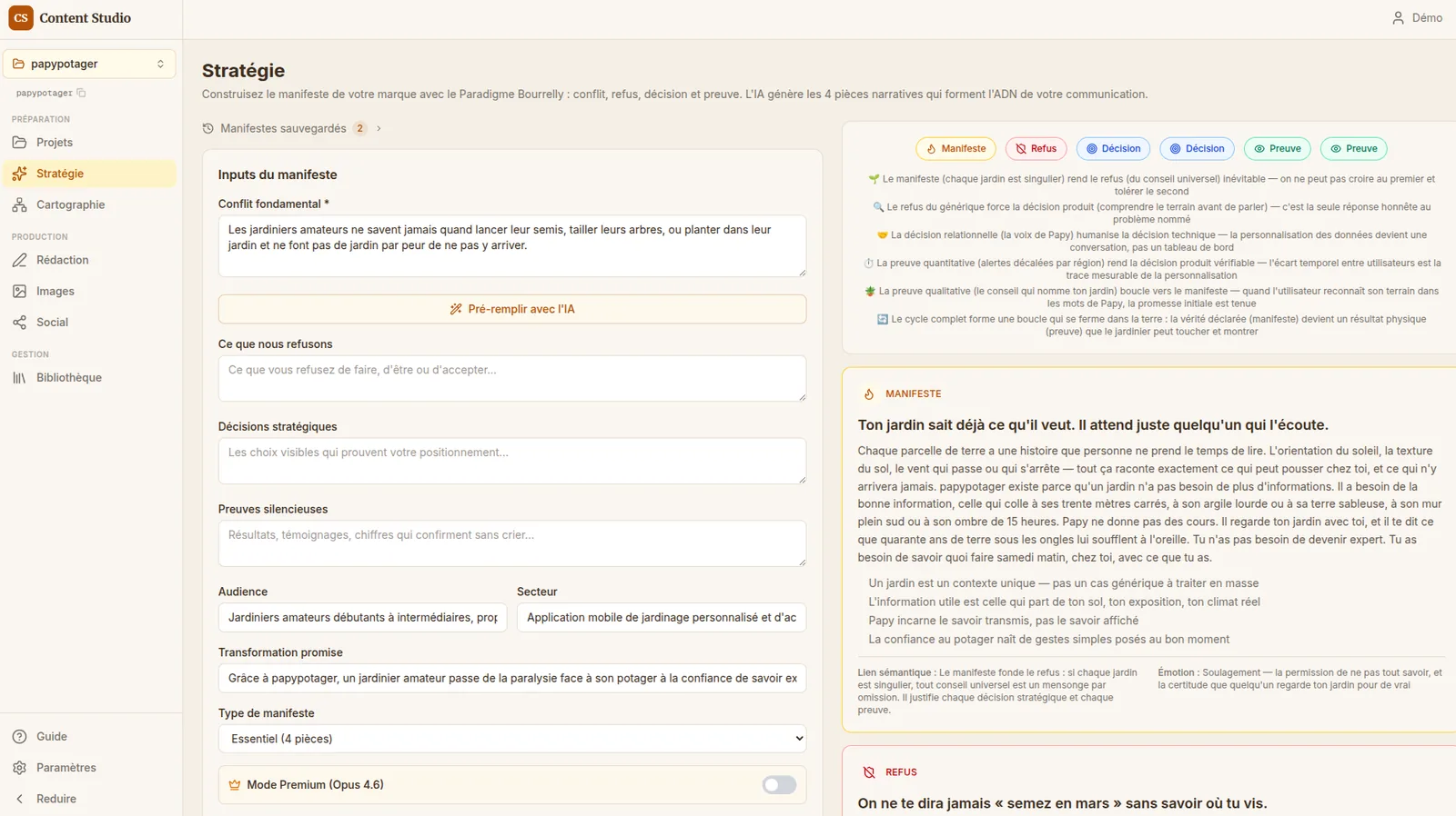 Vue Stratégie de Content Studio : éditeur de manifeste de marque (conflit, refus, décisions, preuves)